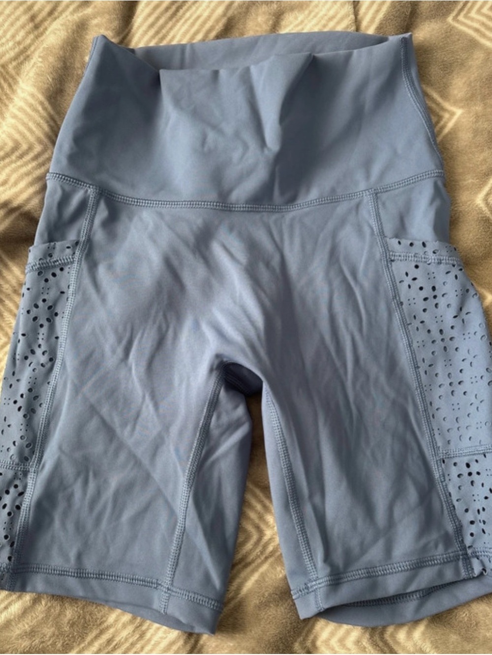aerie High-Rise Perforated Side Panel Bike Shorts in Dusty Blue